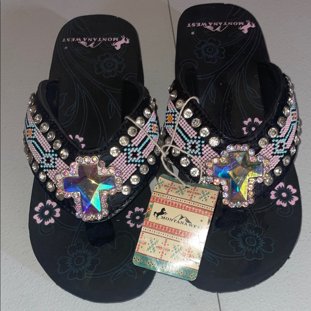 Montana West Black Sandals with Holographic Cross